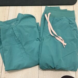 Figs Teal Joggers with Pink Drawstring